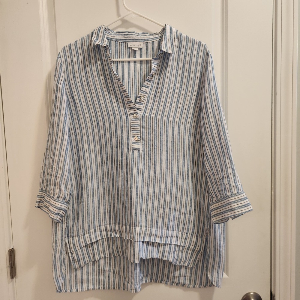 J. Jill Love Linen Striped Tunic Top Blue White 100% Linen Womens Medium